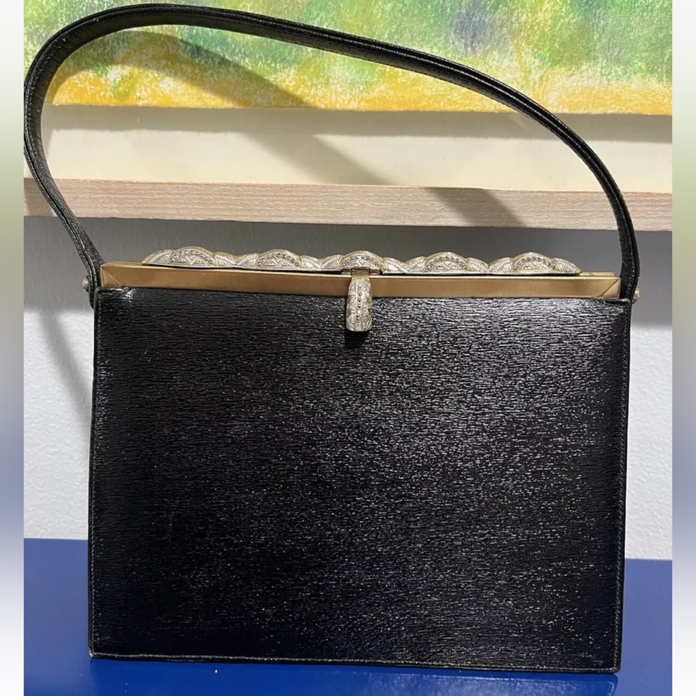 Black Purse Bag Leather Purse Gold Silver Marcasite Jeweled Vintage 50s 60s